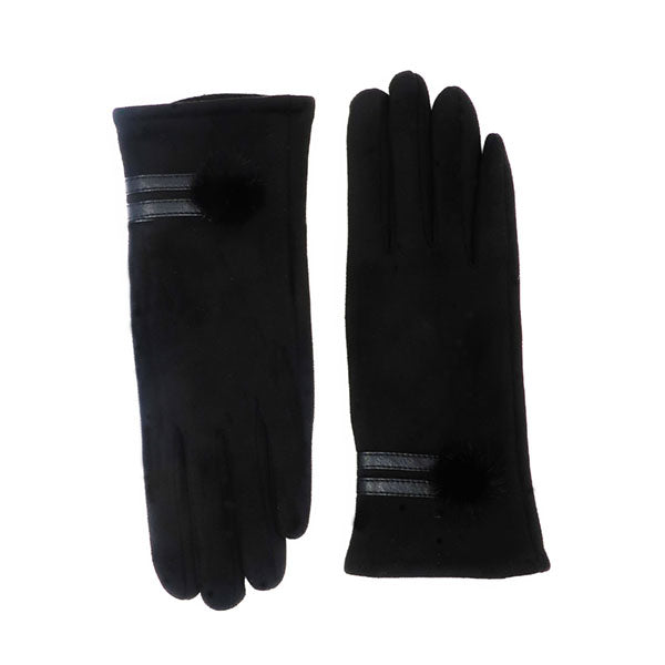 Ladies Suede Gloves Black with Pompom